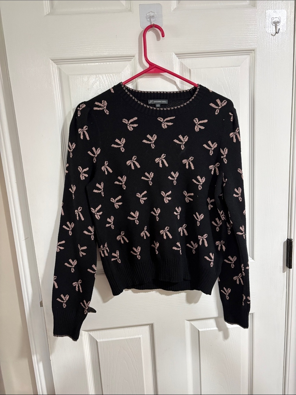 Adrianna Papell Black Crewneck Sweater with Pink Bow Motif
